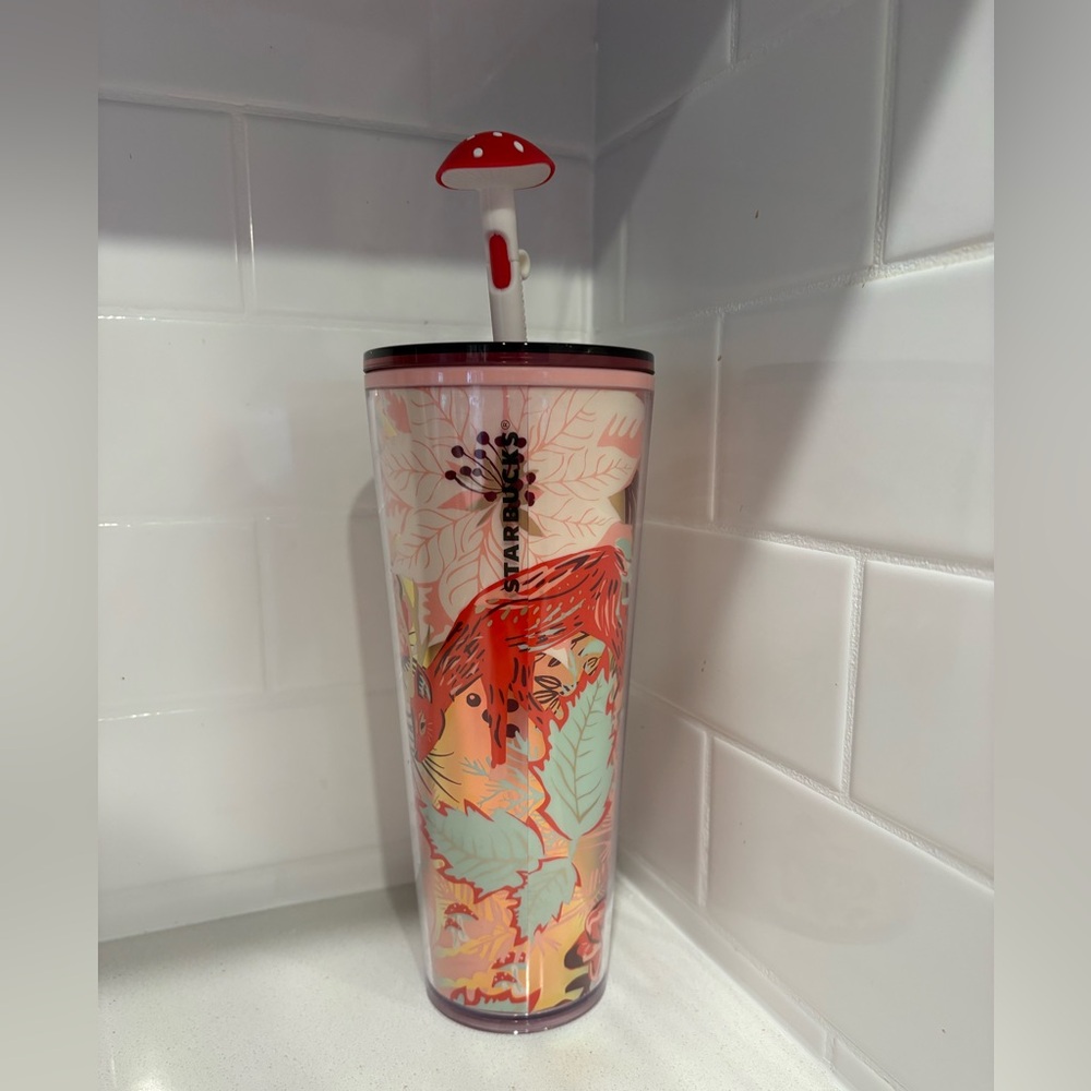 Starbucks 2022 Enchanted Forest 24 Oz Cold Tumbler with Mushroom Straw Topper